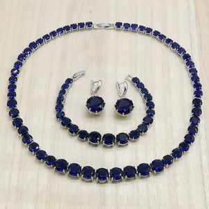 Örhängen halsband klassisk rund kunglig blå kristall silver färg smyckesuppsättning för kvinnor armband brud födelsedagspresent dubai