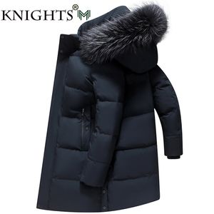 Mäns Down Jacket Midlängd Vinter Tjock 90% Vit Duck Down Jacket Natural Animal Fur Collar Multi-Fickor Overcoat Män 211206