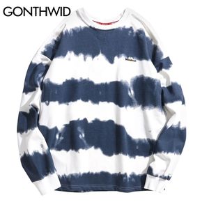 Gonthwid harajuku laço tintura listrado pulôver moletom moletom com capuz homens hip hop casual streetwear moda hoodie outwear tops 201113