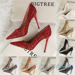 Women's High Heels Shoes Shallow Mouth Pointed Toe Shiny Glitter Sequins Sexy Stiletto Heels Wedding Dress Shoe Girl Pumps