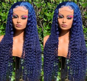 Dark Blue Curly Lace Front Brazilian Human Hair Wigs For Women Synthetic Frontal Wig With BabyHair Cosplay Party