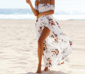 女性のシフォンスプリットドレスオフショルダー半袖夏のミディドレスフラワープリントビーチウェアプラスサイズS-5XL
