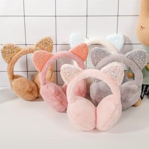 Berets 2021 Składany Cekinowy Kot Uszu Pluszowe Earmuffs Kobiety Dziewczyna Futro Podgrzewacz Muffs Glitter Headband Cartoon Edap