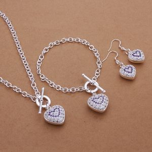 Fine 925 sterling silver Wedding Valentines Day gift noble crystal necklace bracelets Heart earrings fashion jewelry Set S372