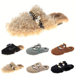 Discount Newly autumn winter womens slippers metal chain all inclusive wool slipper for women Brown outer wear plus big szie Muller half drag shoes