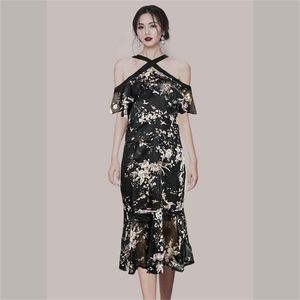 dresses woman party night Summer korea Off shoulder ruffled Sleeveless Office Long floral dress for women 210602