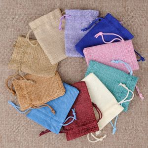 8 * 10cm Drawstring Naturliga Burlap Väskor Jute Present Smycken Förpackning Bröllop Favor Pouches