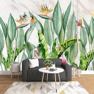 Carta da parati personalizzata 3D Moderna foresta pluviale tropicale Piante Fiori e uccelli Foto Murale Soggiorno TV Divano Papel De Parede 3D