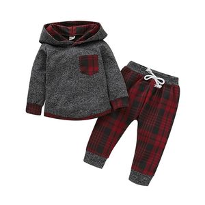Criança infantil bebê meninos casuais roupas para crianças manga comprida bolso hoodie tops moletom calças xadrez conjunto conjunto D20 210309