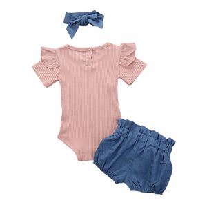 Bebê recém-nascido meninas roupas roupas de algodão maciço macacão maciço + shorts denim + headband doce conjunto verão novo23 210317