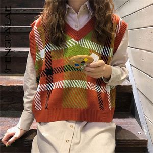 SHENGPALAE 2021 V Collar Sleeveless Knitted Women Tops 3 Colors Patchwork Plaid Loose Big Size Korean Female Vest FU054 210308