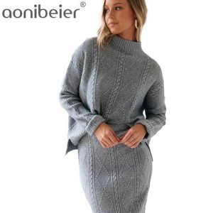 秋のエレガントなファッション2個セット女性の灰色のセーター2ピースの女性ロングスカートタートルネックキンティング服210604