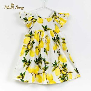 Baby Girl Dress Lemon Fruit Print Lato 2020 Maluch Dziewczyna Bawełniana Dress Cytryna Sukienka Fly Sleeve Vestido Baby Odzież 2-12y Q0716