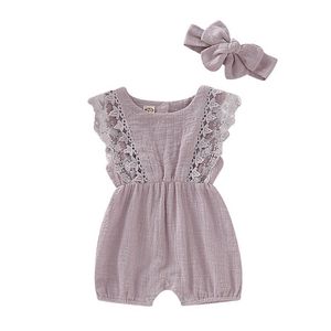 Summer born Girls Rompers Set Flare Sleeve Solid Print Lace Design Romper Jumpsuit With Headband s 211101