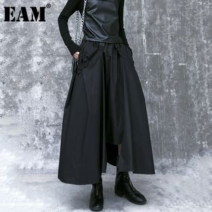 [EAM] Hohe elastische Taille Black Schnalle Split Joint Unregelkhalf-Body Rock Frauen Mode Flut Neue Frühling Herbst 2021 1DA108 210309