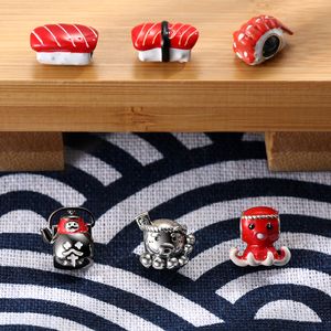 Delicious Seafood Sushi Octopus Teapot Beads for Original Women Bracelet Bangle 925 Silver Charms DIY Bracelet Jewelry Making Q0531