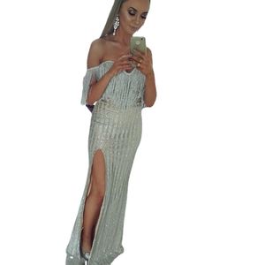 Vestido de Festa à Noite Com Borla، Ombros de Fora، Brilhante، الحسية، SEM Alças، Gola Cortada، Perna Elegante Party Dresses