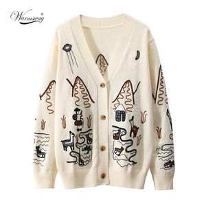 Spring High Quality Fashion Embroidery V-Neck Oversized Cardigan Long Sleeve Single Breasted Button Knitted Sweater C-092 210914