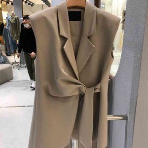 Nomikuma Spring Sleeveless Blazer Vest Lace Up Elegant Korean Vests Coat Causal Turn-down Collar Women Jackets 6E659 210819
