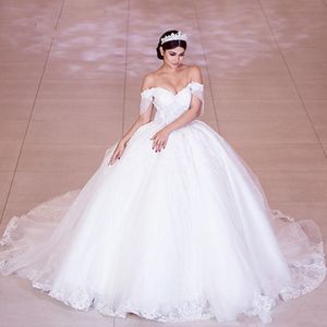 Sexy Dubai Arabic Ball Gown Wedding Dresses Bridal Gowns Off Shoulder Illusion Sheer Lace Appliques Beading Chapel Train Puffy Plus Size Vestido De Novia