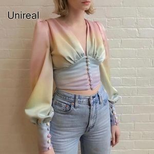 Frauen Blusen Shirts Unireal 2021 Sommer Vintage Frauen Satin Bluse Hemd Langarm Kurzarm Regenbogen Druck Weibliche Sexy Tops