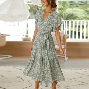 Casual Green Floral Woman Dr2021 Lato Elegancka Boho V-Neck Sukienki z krótkim rękawem dla kobiet Moda Potargany Druku Dress X0621