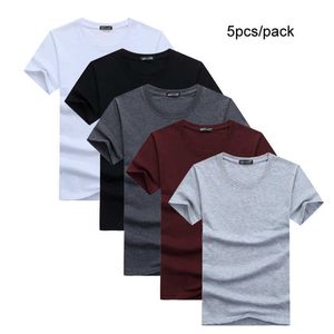 5pcs/lot Simple Style Men's T-shirts Short Sleeved Solid Cotton Spandex Regular Fit Casual Summer Tops Tee Shirts Male Clothes 210629