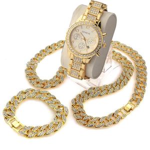 Earrings & Necklace 3 Pcs / Set Blingbling Hip Hop Shining Stones Watch 18" Iced Out Cuban Stone Chain Bracelet