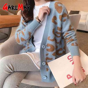 Jesień Zima Dzianiny Leopard Swetry Kobiety Koreański V Neck Gruby Print Cardigan Płaszcz Luźny Przycisk Outwear Topy 210830