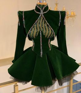 Hunter Green Velvet Short Prom Formal Dresses with Long Sleeve 2022 Real Image High Neck Beaded Crystal Cocktail Party Gown