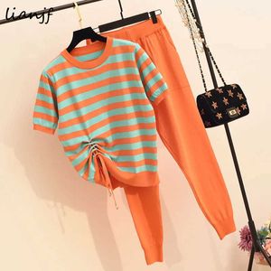 Lianjf Summer Spilled Contrast Coulisstring CoulisString Top + Lace Up Two Piece Suits Donne Casual New Knitted Due pezzi Set Streetwear Y0625