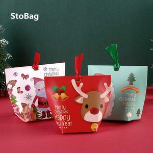 STOBAG 20PCS Feliz Natal feliz ano papel caixa de bebê festa de bebê doces bolo pacote presente decoração suprimentos com fita 210602