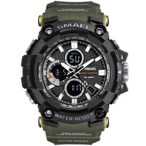 2021 Smael Watch 1802ファッションミリタリーグリーンビッグウォッチメンズスポーツウォッチデュアルディスプレイクォーツ腕時計lelogio masculino g1022