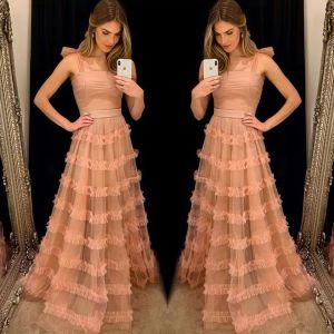 Blush rosa ärmlösa balklänningar 2022 remmar tyll ruffles veck på kvällsfest klänning golvlängd formell ocn wear vestidos 403 403