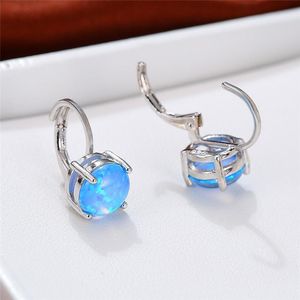 Hoop & Huggie Minimalist White Blue Opal Round Stone Earrings Vintage Silver Color Small For Women Charm Bridal Wedding