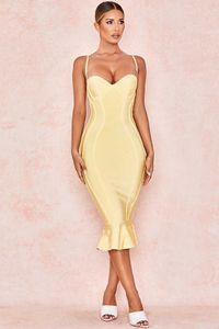 Robe d'été Vestidos Femmes Sexy Jaune Bandage Designer Genou Longueur Fishtail Night Club Celebrity Party 210527