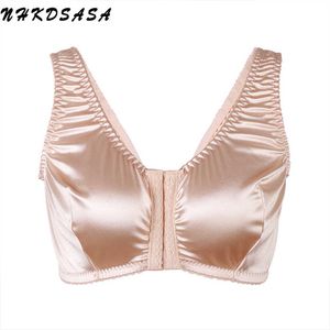 Frauen Full Coverage BH Plus Size Komfort und Unterstützung Satin BH imitierte Seide keine gepolsterte drahtlose Frontverschluss Weste Unterwäsche 210623