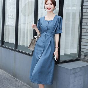 Summer Fashion women square Neck Elegant Long Dress Denim Blue Vestidos Casual Dresses Plus Size 210531