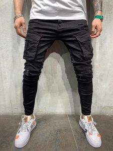 Erkek Jeans Erkekler Yırtık Skinny Çok Cep Ince Kalem Pantolon 2021 Bahar Siyah Erkek Tulum Sokak Hip-Hop Moto Bisiklet Giyim