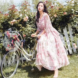 Ankomst Runway Kvinnors Vintage Elegant Chiffon Tryckt Ruffled Holiday Mesh Lace French Sweet Long Dress Vestido 210529