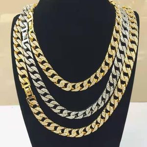 Kedjor Rapper Hip Hop Iced Out Paved Rhinestone 15mm Miami Curb Cuban Link Chain Gold Sliver Halsband för män Kvinnor Smycken Set Choker