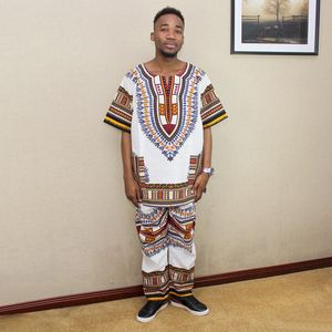 Etniska kläder Vit kostym Dashiki tryckt afrikanskt bohemiskt mode Topp och byxor Kortärmad ficksats för män