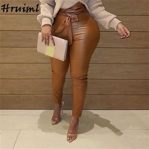 Leather Pants Women Fashion Plus Size High Waist Belt Long Trousers Autumn Winter Sexy Skinny Woman Femme Pantalon 211118