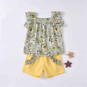 Summer Suit Flower Top + Short 2Pcs Abbigliamento per bambini Abbigliamento per ragazze Set per bambina per bambini 210528