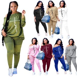 Atacado Artigos Mulheres Tracksuits Plus Size Y2K Outfits Sexy Slash Golk Leggings Dois Pedaço Set Manga Longa Moda Magro Carta Roupas K8416