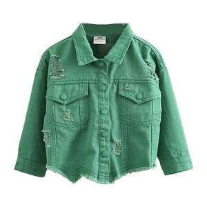 Höst våren mode 2 3 4 6 8 10 12 år Teenage Little Girls Outwear Toppar Green Denim Jacka för barn Baby 210529