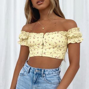 Kvinnors Blusar Skjortor Kvinnor Mode Snygg Skjorta Sommar Solid / Floral Utskrift Off Shoulder Buckle Back Zipper Corset Crop Tops Sexy Club