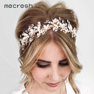 Mecresh Simulated Pearl Handmade Gold Color Bridal Hair Pins Crystal Flower Wedding Hair Accessories Headband Ornaments MTS111 X0625