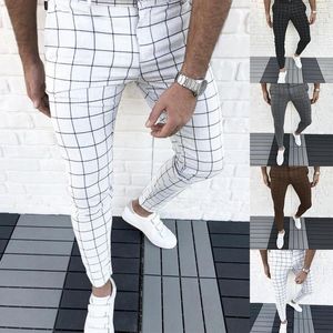 Calças masculinas elegantes e casuais, roupas da moda, lápis xadrez, cintura média, calças esportivas masculinas