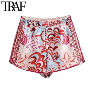 TRAF Women Chic Fashion With Buttons Floral Print Shorts Vintage High Elastic Waist Side Vents Female Short Pants Mujer 210724